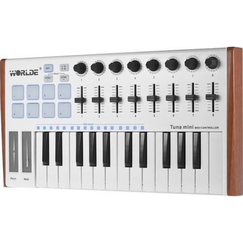 WORLDE TUNA MINI High Quality Ultra-Portable 25Key USB MIDI Keyboard Controller 8 RGB Backlit Trigger Pad with 6.35mm Pedal Jack