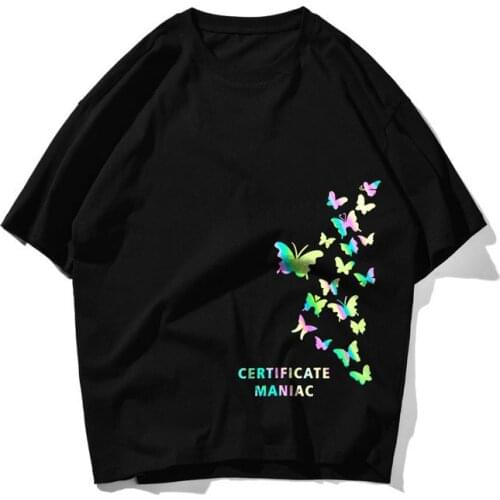 Butterfly Print Trend Short-sleeved T-shirt Reflective Radium Colorful Half-sleeved T-shirt Loose Oversize Hip-hop Street Wild