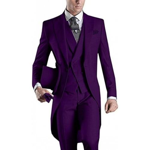 Morning Style Men Suits Purple Groom Tuxedos Peak Lapel Groomsmen Wedding Bridegroom 3 Pieces ( Jacket+Pants+Vest+Tie ) D111