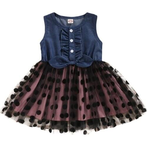 2021 NEWEST Summer Hot Girls Dress Baby Girl Dress Denim Mesh Flying Sleeve Summer New Polka Dot Denim Dress