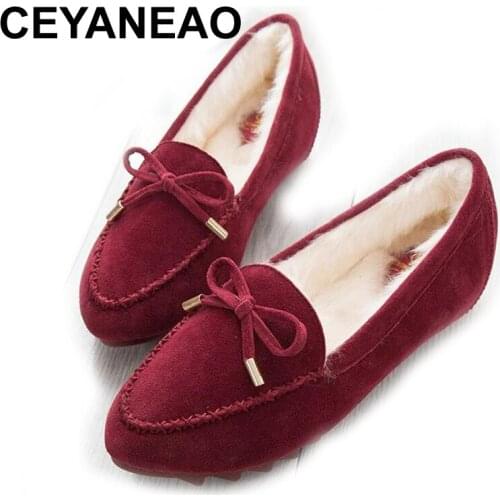 CEYANEAOWinter New Womens Increased Internal Cotton-padded Shoes Warm Flat Heel Mom Shoes Cute Candy Color Butterfly Knot Women