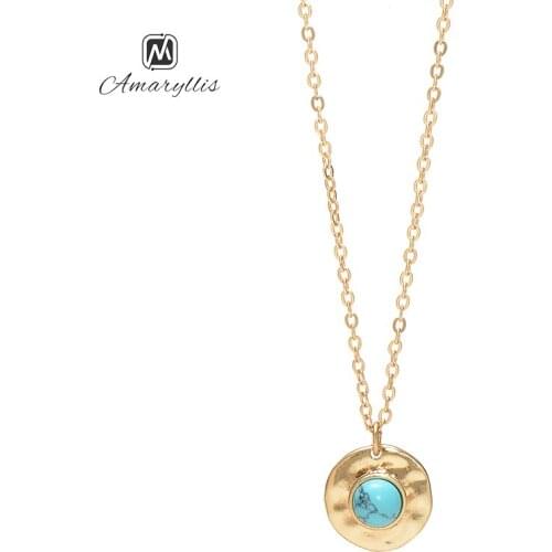 Amaiyllis Bohemia Stone Geometric Round Pendant Necklace For Women Vintage Hammer Coin Disc Choker Collar Clavicle Chain Collier