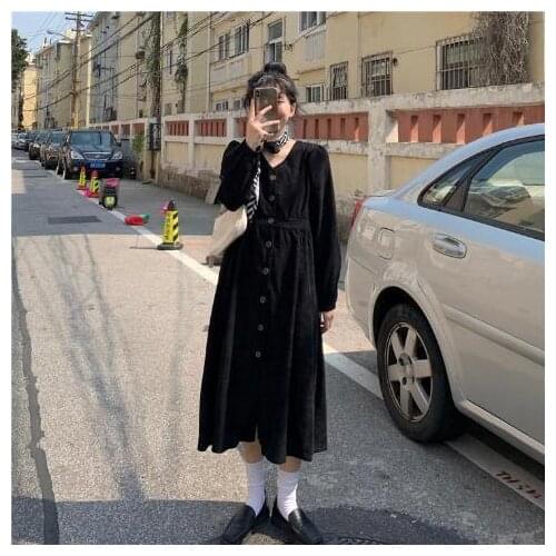 Vintage Loose High Waist over Knee Long Dress Long Sleeve Corduroy Dress Woman Dresses Vestido De Mujer Femme Robe