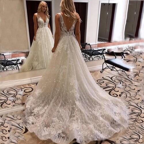 Luxurious V Neck Open Back Ivory Lace Bridal Gowns Popular Shiny Tulle Beach Boho A-Line Wedding Dress 2020 Vestido De Noiva