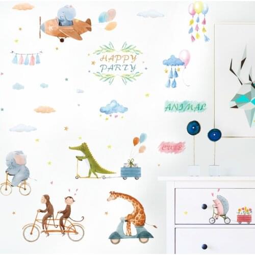Happy Animals Party Wall Stickers for Kids rooms Children Bedroom Wall Decor Nursery Decorative Wall Decals Watercolor Sticker