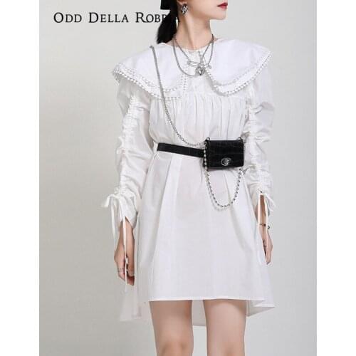 OddDellaRobbia Spring Women 2021 New French Vintage Style Long Sleeve Drawstring Dress Solid Color Loose Doll Collar Dress 1573