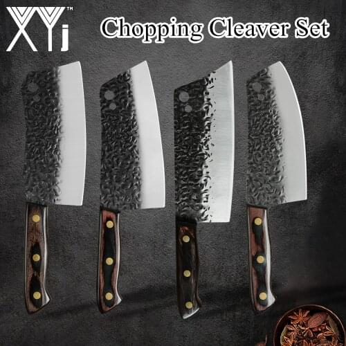 XYj 7'' INCH High Carbon Cleaver Butcher Forged Stainless Steel Chopping Full Tang Wood Handle Knife Hiking Camping Tools