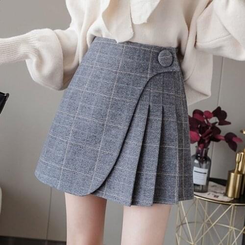 Fall Winter Irregular Woolen Skirt Women High Waisted Korean Fashion Pleated Plaid Skirts School Uniform Harajuku Faldas Mujer