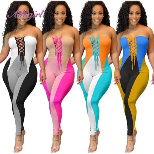 Sexy Color Patchwork Strapless Sleeveless Bandage Party Club Jumpsuit Women Summer Backless Hollow Out Outfit Rompers Overalls