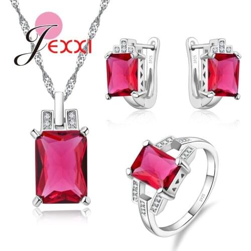Female Jewelry Sets AAA Red Zircon Elegant 925 Sterling Silver Engagement Rings + Earrings + Necklace for Women