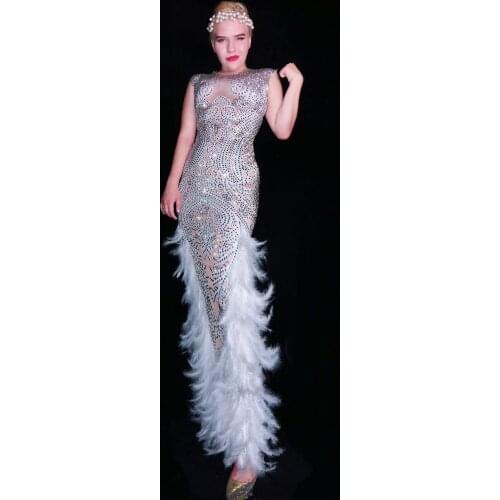 Women New Shining Silver Full Rhinestones Feather Sexy Dress Birthday Celebrate Outfit Singer Dancer Dress Prom Show Long Dress