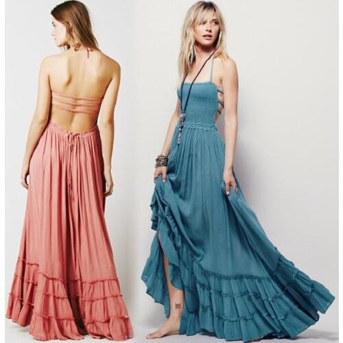 European style temperament ladies cotton halter beach dress summer sexy backless holiday chiffon long dress