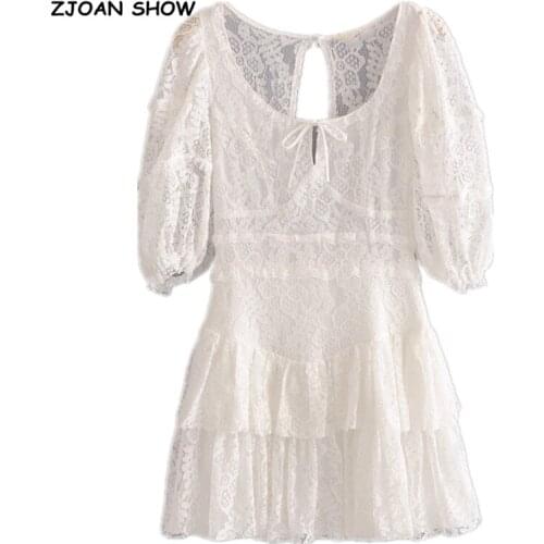 Sweet Women White Short Sleeve Hollow Out Lace Dress Retro Split Back Backless Slim Waist Wood ears Ruffles Mini Dresses Holiday