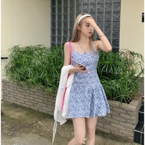 Dress Temperament Floral V-neck Suspender Dress Female Summer New Style Skirt Korean Style High Waist Casual A-line Short Skirt