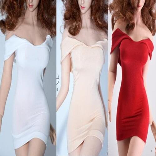 1/6 Scale Female Soldier Ice Silk Off Shoulder Dress Red Sexy Dress for 12 Inches Tbleague S38/S39 S07C Large Breast Body Figure