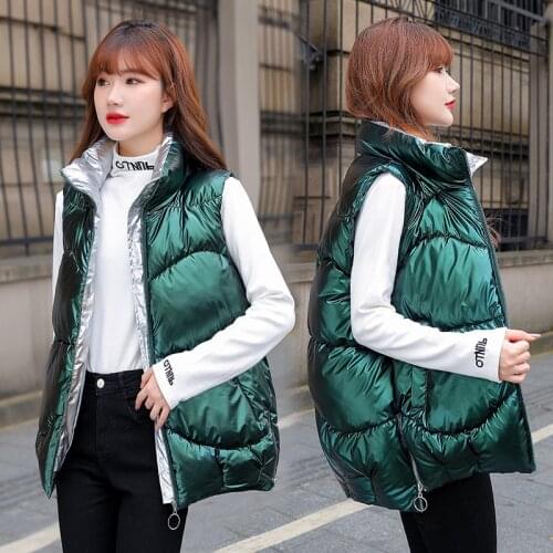ZQLZ 2021 New Winter Women Bright Vest Warm Thicken Waistcoat Cotton-padded Solid Color Women Waterproof Streetwear Size L-3xl