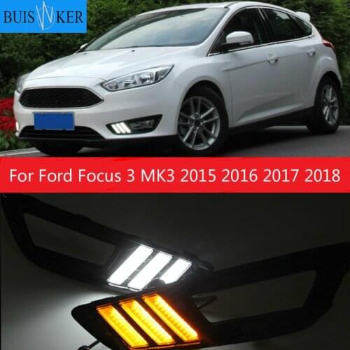 2PCS LED Daytime Running Light For Ford Focus 3 MK3 2015 2016 2017 2018 Yellow Turn Signal Function Waterproof 12V Car DRL Lamp