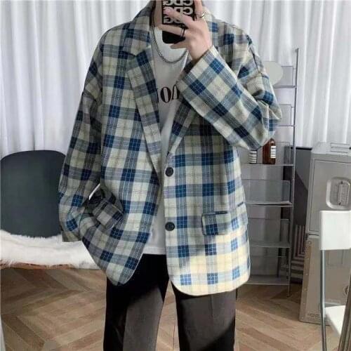 2021 Mens Lattice Printing Suit Jackets Fashion Loose Casual Western-style Clothes Handsome Coats Lapel Collar Outerwear S-2XL
