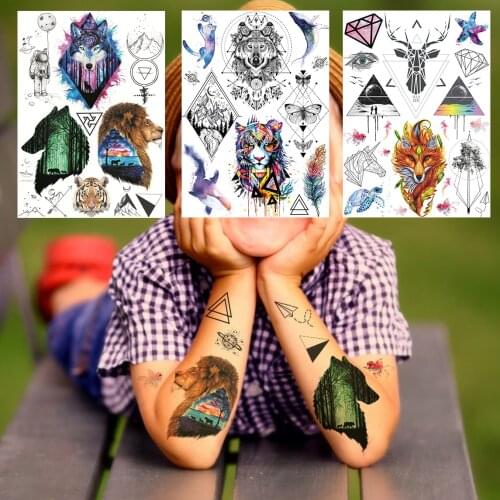 Watercolour Wolf Forest Temporary Tattoos For Children Tiger Geometric Fake Tatoos Mountain Triangle Elk Tatoo Sticker Body Art