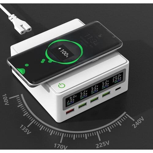 ILEPO 5-Port USB Charger Type C PD 65W QC3.0 Power Adapter Qi Wireless Charger LCD Fast Charger For iPhone Samsung Xiaomi Tablet