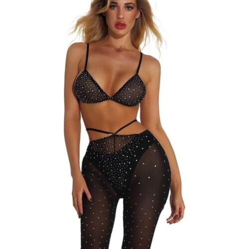 Black Rhinestone Fishnet Sexy Sparkly Sets Women Glisten Mesh See-throught Chic Nightclub Clothing Performance Costume Suit