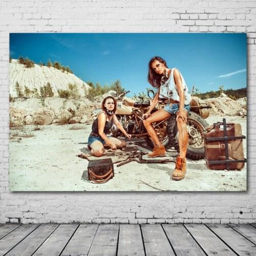 Decorative paintings Girls with Motorcycles Desert Wall Picture Canvas Art Posters and Prints for Home Decor