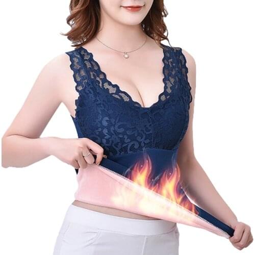 Elifashion Lace Sexy V-neck Warm Vest Women Plus Velvet Thickening With Bra Base Underwear