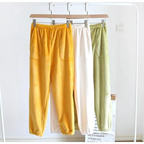 Flannel Closed Leg Pyjamas Womens Autumn Winter Warm Home Trousers Solid Color Trousers Loose and Thick Pijama Flanela Feminino