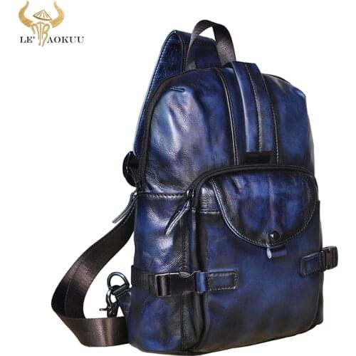 Men Top Quality Leather Casual Fashion Blue Triangle Cross-body Chest Sling Bag Design Travel One Shoulder Bag Daypack Male 3028