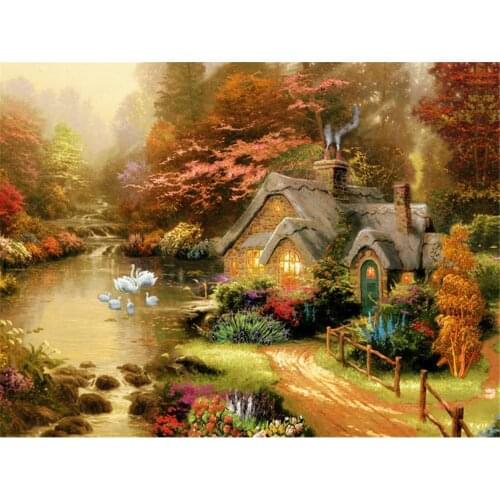 Landscape House Printed Water-Soluble Canvas 11CT Cross Stitch Set Embroidery DMC Threads Needlework Craft Hobby Adults