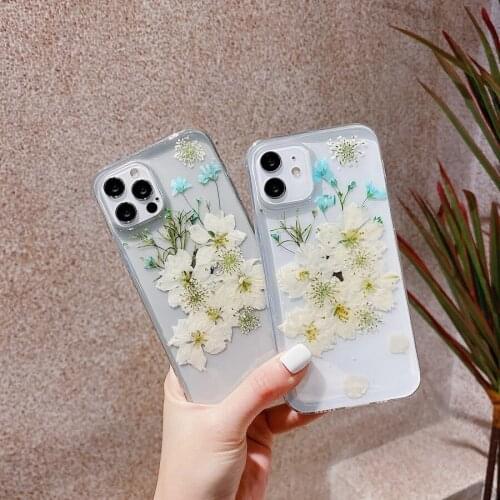 Real Dried White Floral Flower Soft TPU Gel Case For iPhone 12 mini 11 Pro Max 7 8 SE Xs Max XR Clear Cover Phone Cases Shell