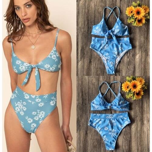 2019 New Style Fashion Hot Womens Swimwear Two-Piece Suits Bathing Suit Swimsuit Print Bow High Waist Bandage Beach