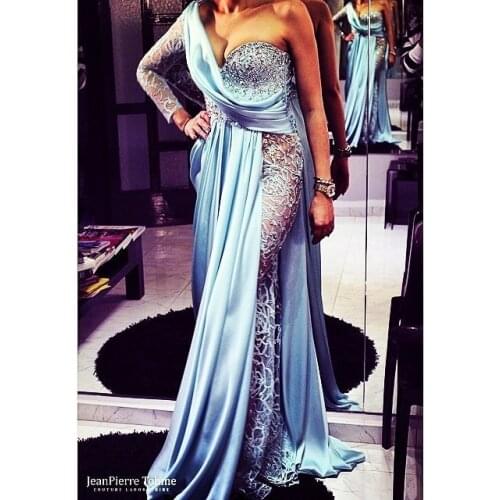 New Arrival Dubai kaftan One shoulder Long sleeve Satin Sexy Long evening dress Sexy dress party evening elegant