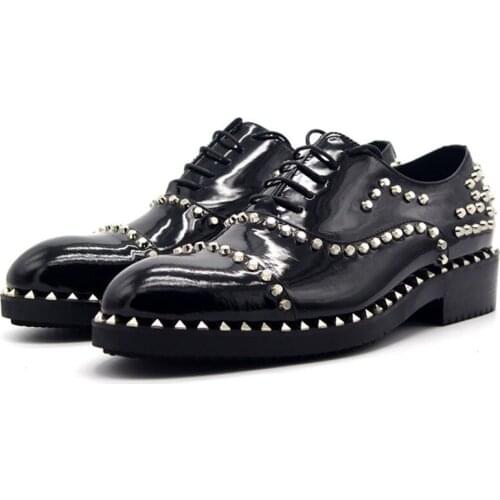 New Social Male Shoe Pointed Toe Rivets Mens Dress Shoes Party Wedding Oxford Shoes Men Lace Up Thick Platform Footwear Man