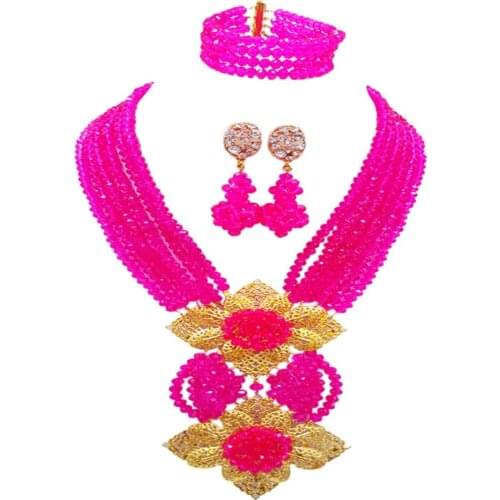 Fuchsia pink costume necklace african set jewelry nigerian traditional wedding set 6CHL