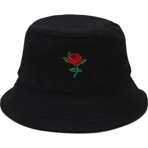 Unisex Rose Embroidery Bucket Hat Foldable Women Macaron Outdoor Sunscreen Cotton Fishing Hunting Cap Men Bob Chapeau Sun Hats