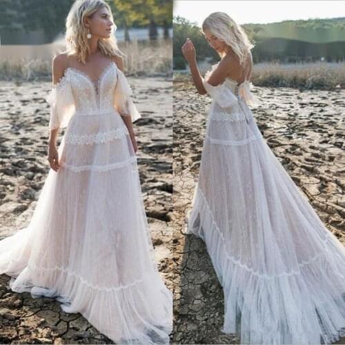 On Sale Charming Boho Ivory Lace Off Shoulder Sleeves Bridal Wedding Dresses Sweetheart Criss Cross Back Wedding Gowns for Bride