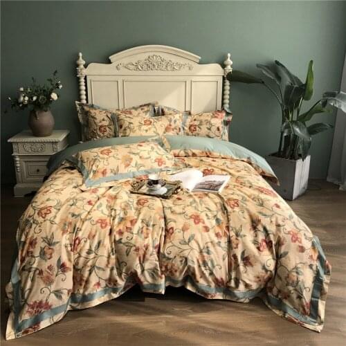 Luxury Yellow Floral printed Egyptian cotton Bedding sets Queen King Pastoral Duvet cover Bed sheet set Pillowcases 4pc 14 color