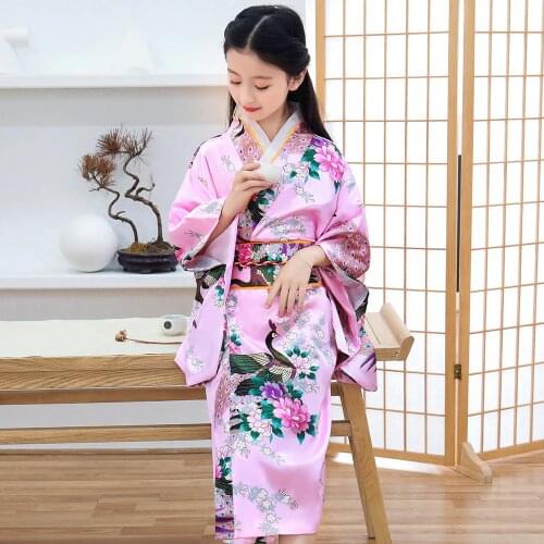 Pink Baby Girl Novelty Print Dance Dress Japanese Traditional Young Girl Blue Kimono Children Cosplay Dress Costumes Yukata