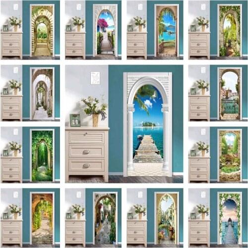3D Landscape Home Decoration Door Sticker SelfAdhesive Waterproof Corridor Wallpaper Wall Decal Deurstickers Bedroom Decor Mural