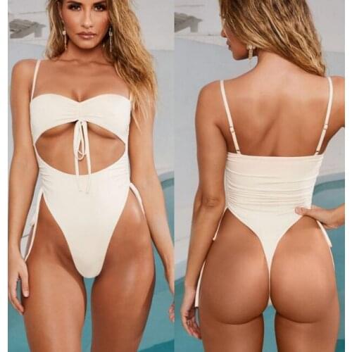 Sexy Womens Swimsuit Bodysuit Solid Color Push Up Bandage Bikini Hollow Out Drawstring Padded Swimwear Summer Bathing Suit