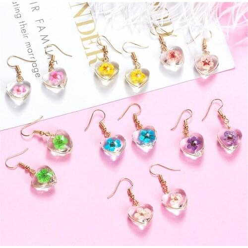 CRLEY Clear Heart Pendant Dangle Earrings With Dried Flower Cherry Blossom Sweet Korean Fashion Girls Romantic Drop Earrings