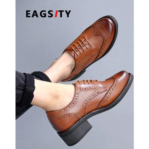 EAGSITY Genuine Leather oxford shoes women lace up shoes pointed toe casual fashion ladies business dress shoes brown