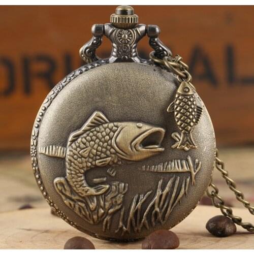 Unique Bronze Fishing Sculpture Pocket Watch Necklace Fob Chain Steampunk Clock Quartz Retro Pocket Watch Gifts + Fish Accessory