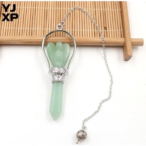 YJXP Link Chain Pendulum Natural Green Aventurine Reiki Carved Angel Hexagon Prism Amulet Scepter Pendant Wicca Dowsing Jewelry
