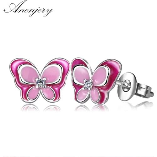 ANENJERY 925 Sterling Silver Hot Sale Jewelry Color Epoxy Butterfly Stud Earrings For Women boucle d'oreille S-E633