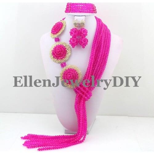 New Hot Pink African nigerian Wedding bridal beads Jewelry Set African style Crystal beaded necklace women Jewelry Set W10365
