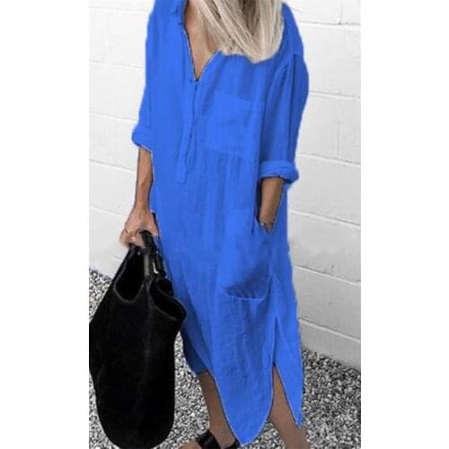 Women Long Sleeve Shirt Dress Solid Side Split Denim Long Dresses Ladies Turn-down Collar Loose Pocket Sundress Party Dresses