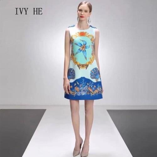 IVY HE Summer Womens Dress 2021 Baroque Starfish Fashion Printing Heavy Industry Beaded Vest Dress Round Neck Waist Dresses