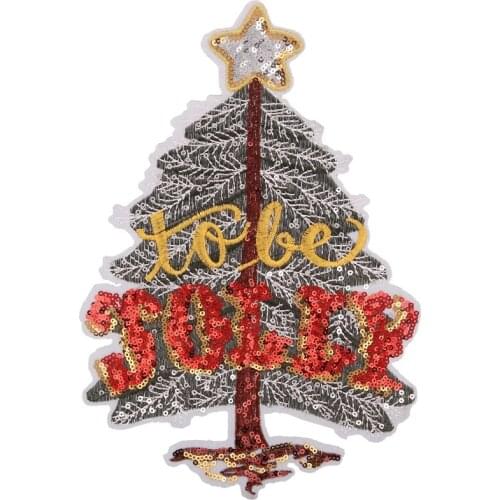 1Pc 7.8x18cm Embroidered Iron On Patches For Clothes Sequins Christmas Tree Appliqued Clothing DIY Motif Applique Badge